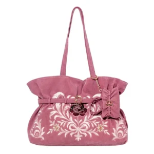 Lilac Ruched Embroidered Faux Suede Tote Bag