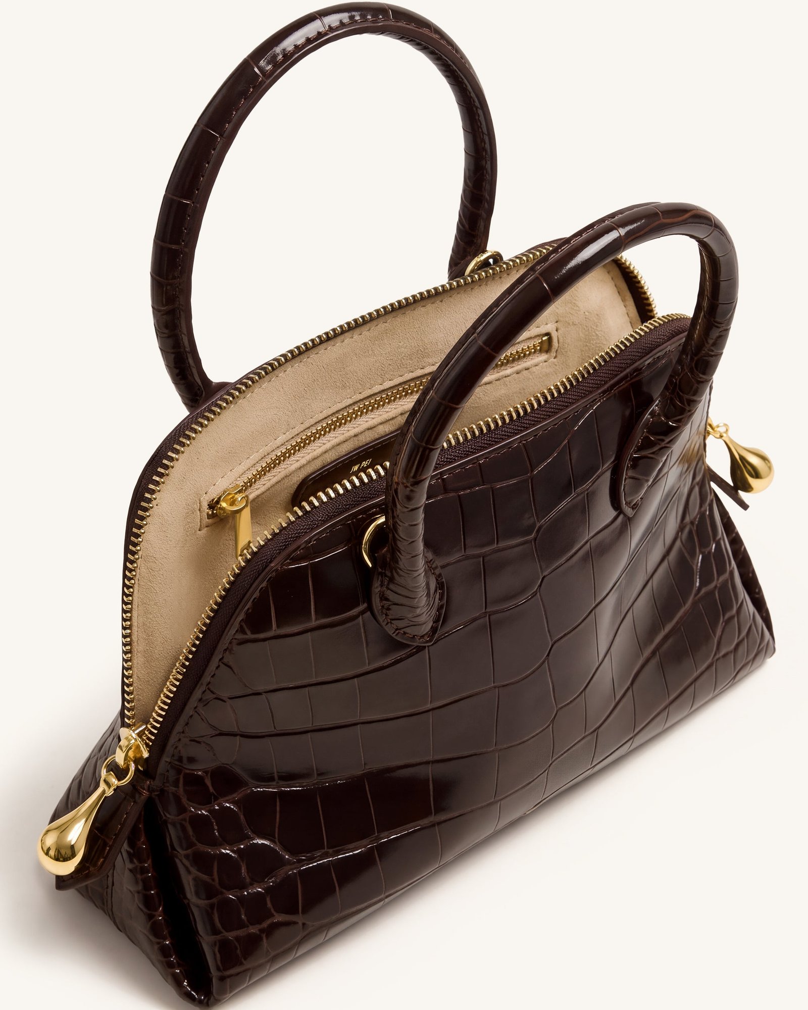 JW PEI Nerina Structured Top Handle Bag – Croc-Embossed Mini Bag, Dark Brown - Image 4
